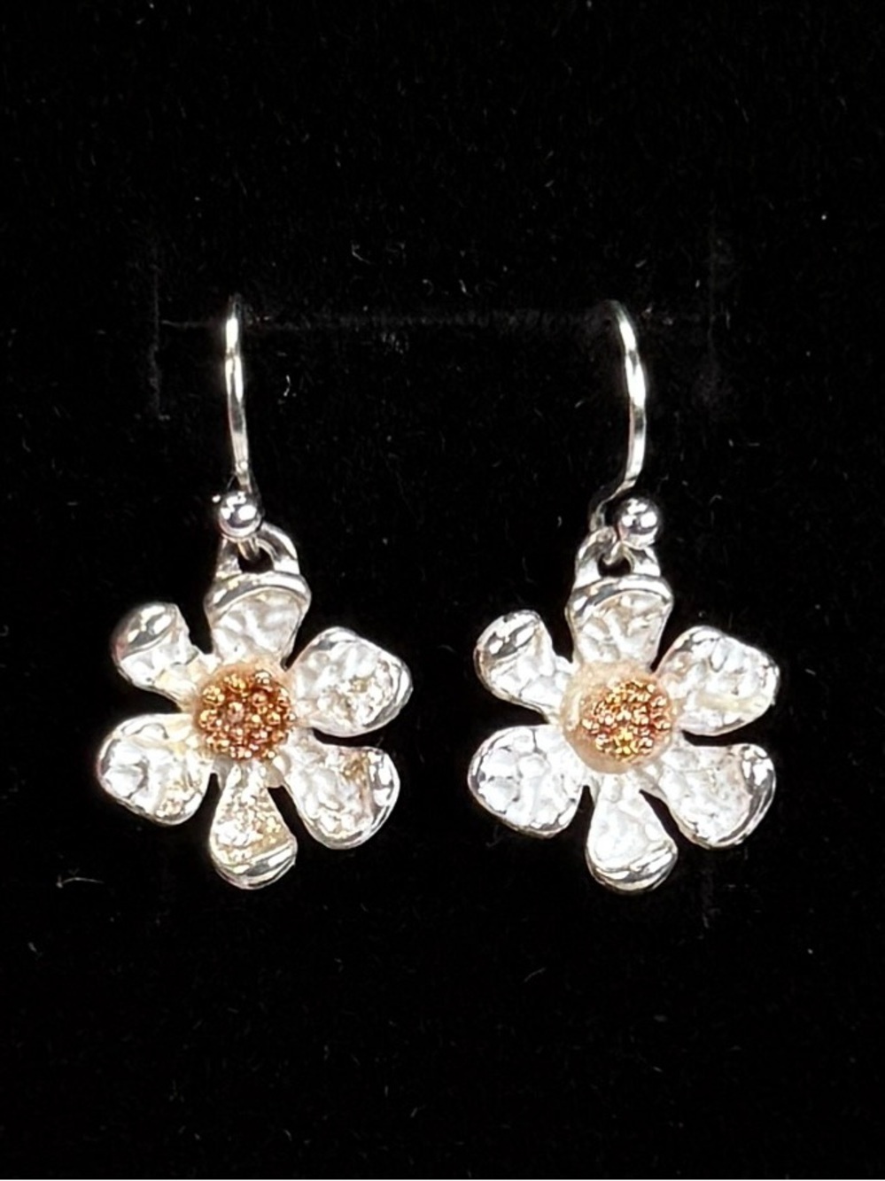 Shiny brushed Silvertone hammered, dainty flower pierced earrings